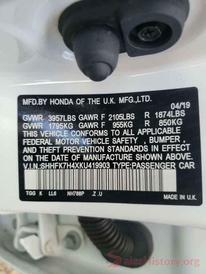 SHHFK7H4XKU419903 2019 HONDA CIVIC