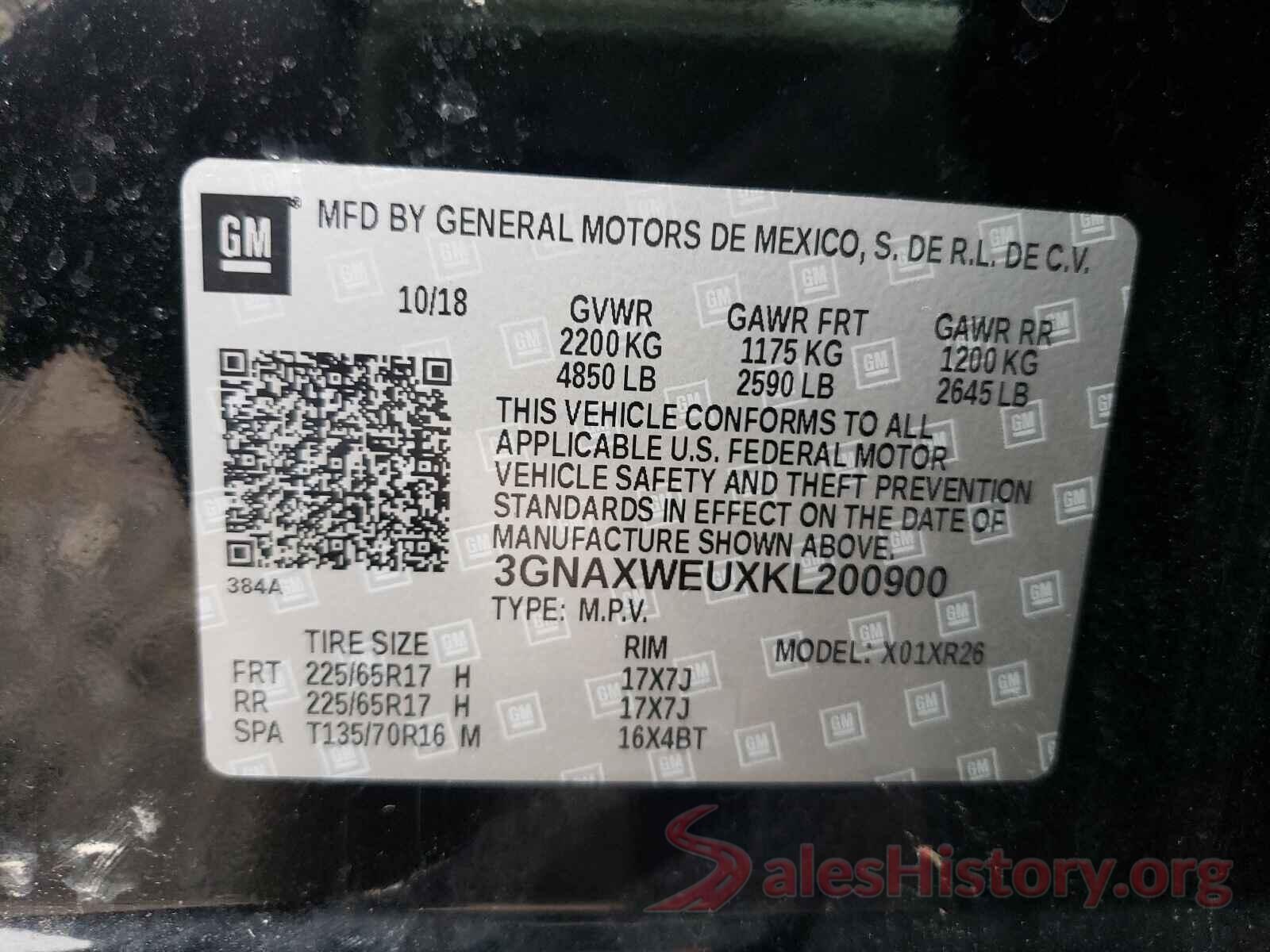 3GNAXWEUXKL200900 2019 CHEVROLET EQUINOX