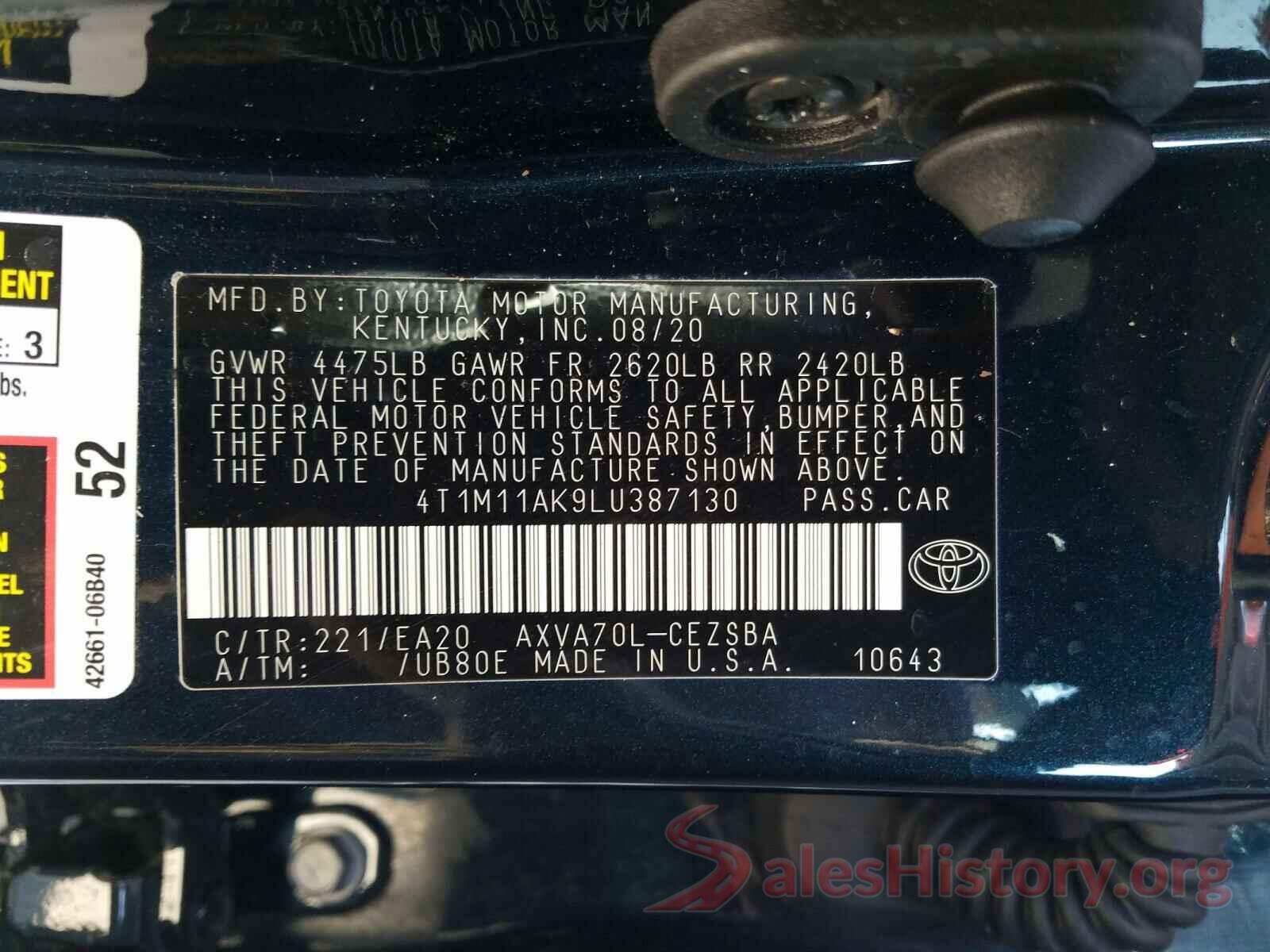 4T1M11AK9LU387130 2020 TOYOTA CAMRY