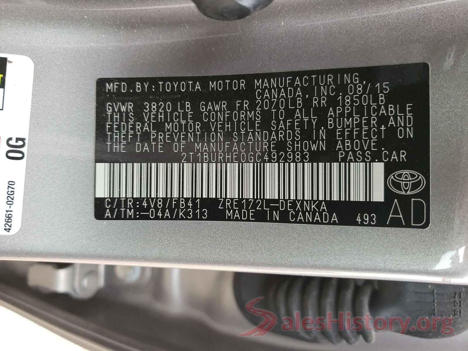 2T1BURHE0GC492983 2016 TOYOTA COROLLA