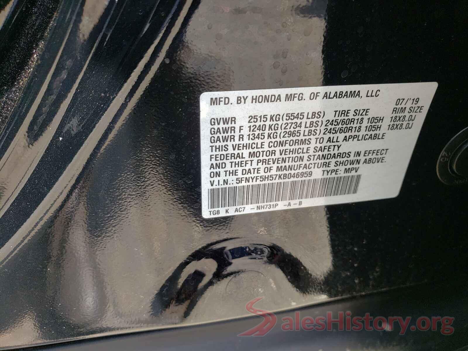 5FNYF5H57KB046959 2019 HONDA PILOT