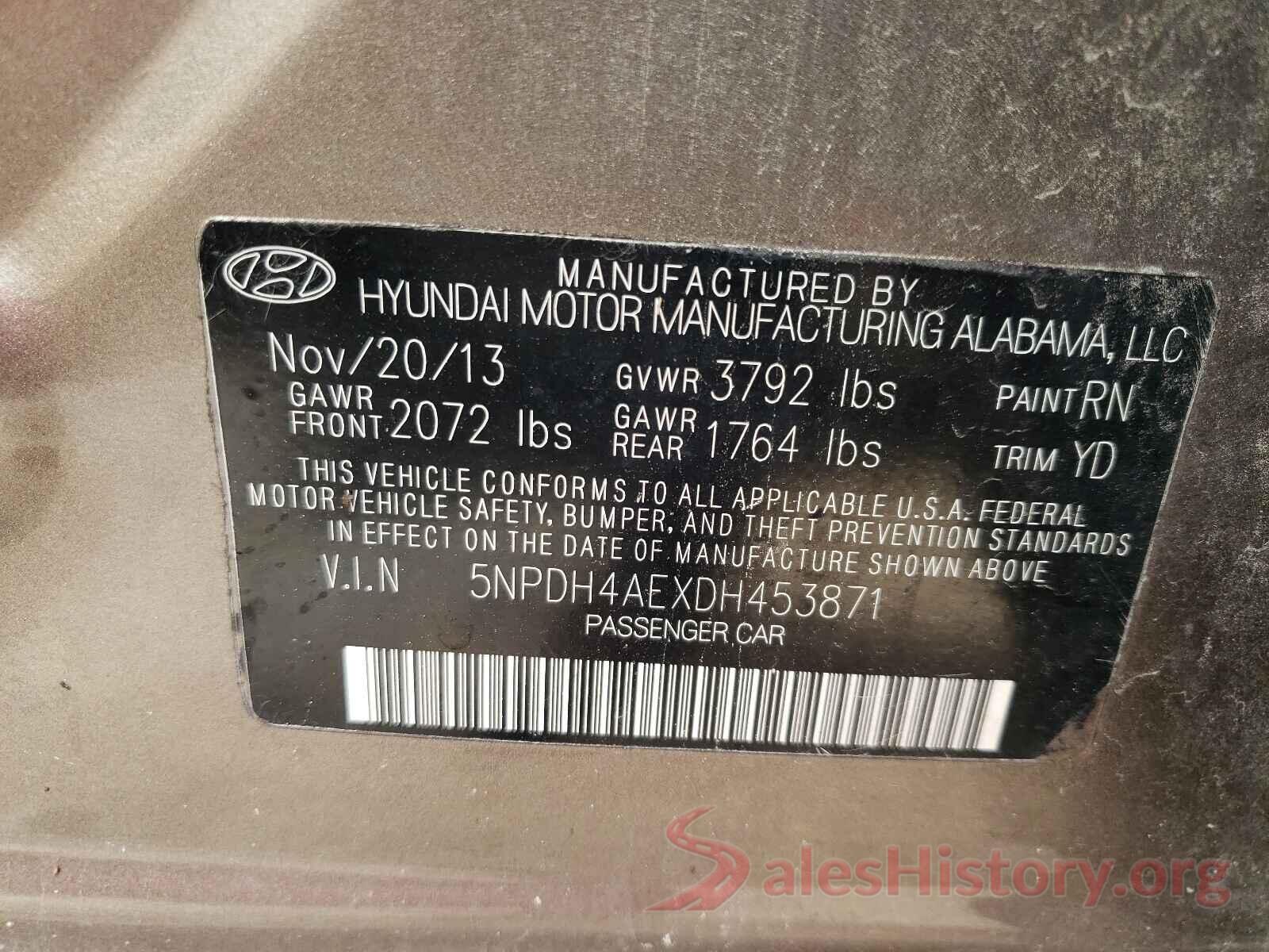 5NPDH4AEXDH453871 2013 HYUNDAI ELANTRA