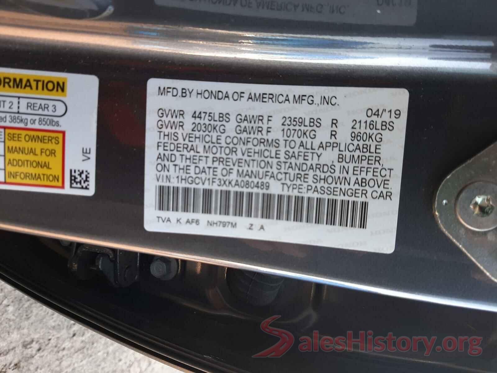 1HGCV1F3XKA080489 2019 HONDA ACCORD