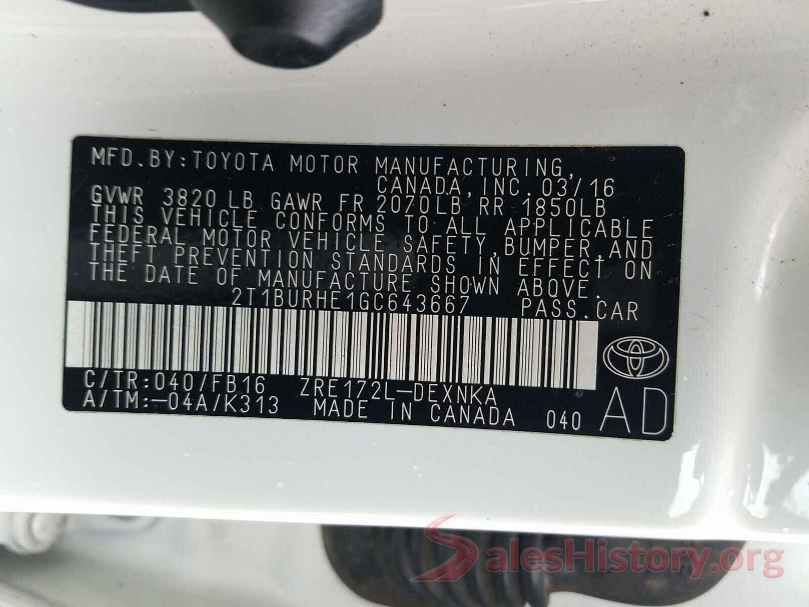 2T1BURHE1GC643667 2016 TOYOTA COROLLA