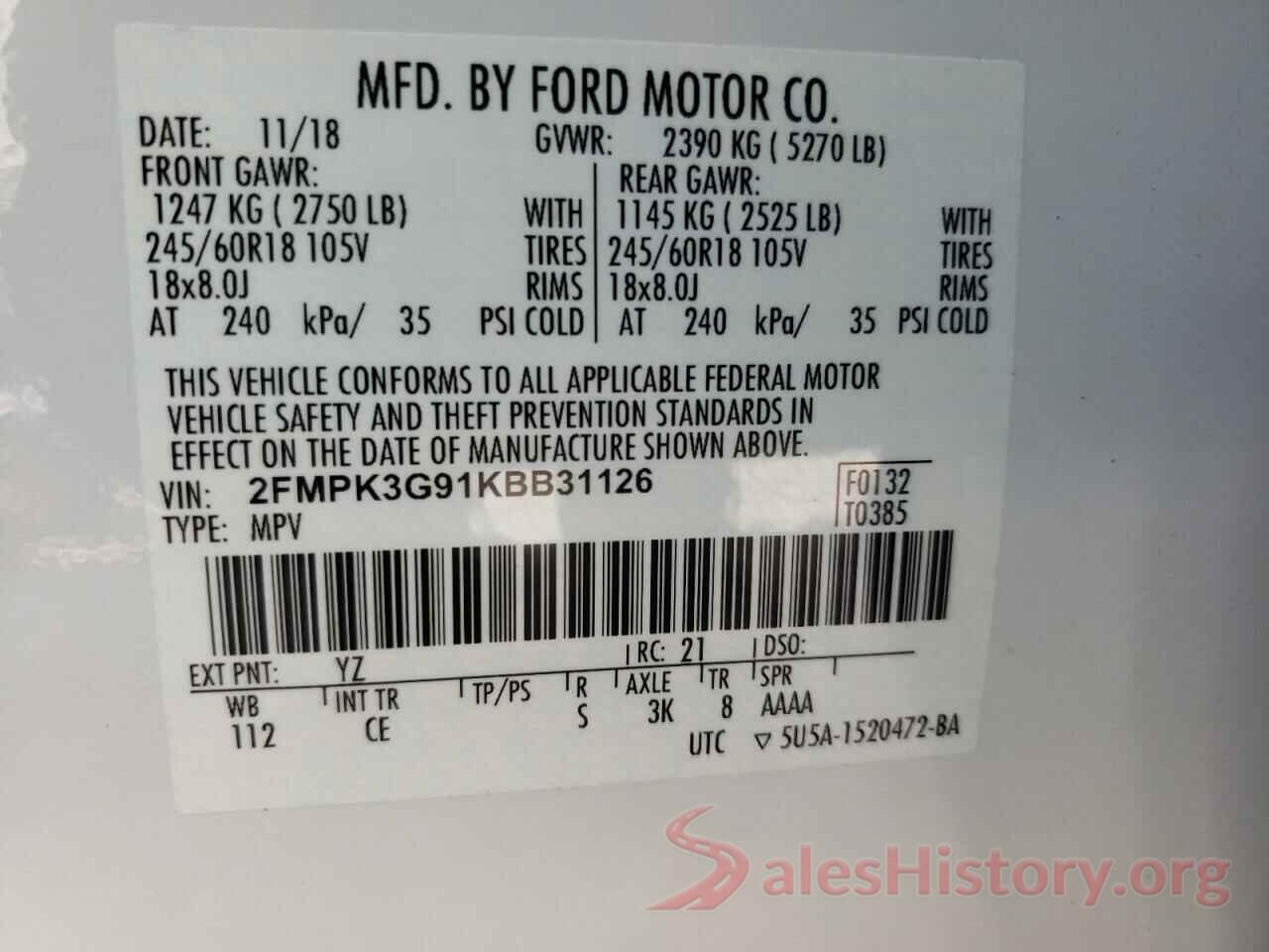 2FMPK3G91KBB31126 2019 FORD EDGE