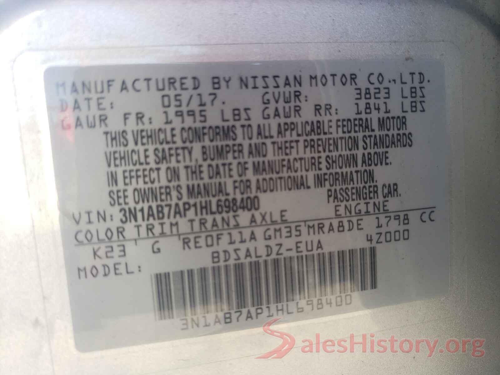 3N1AB7AP1HL698400 2017 NISSAN SENTRA