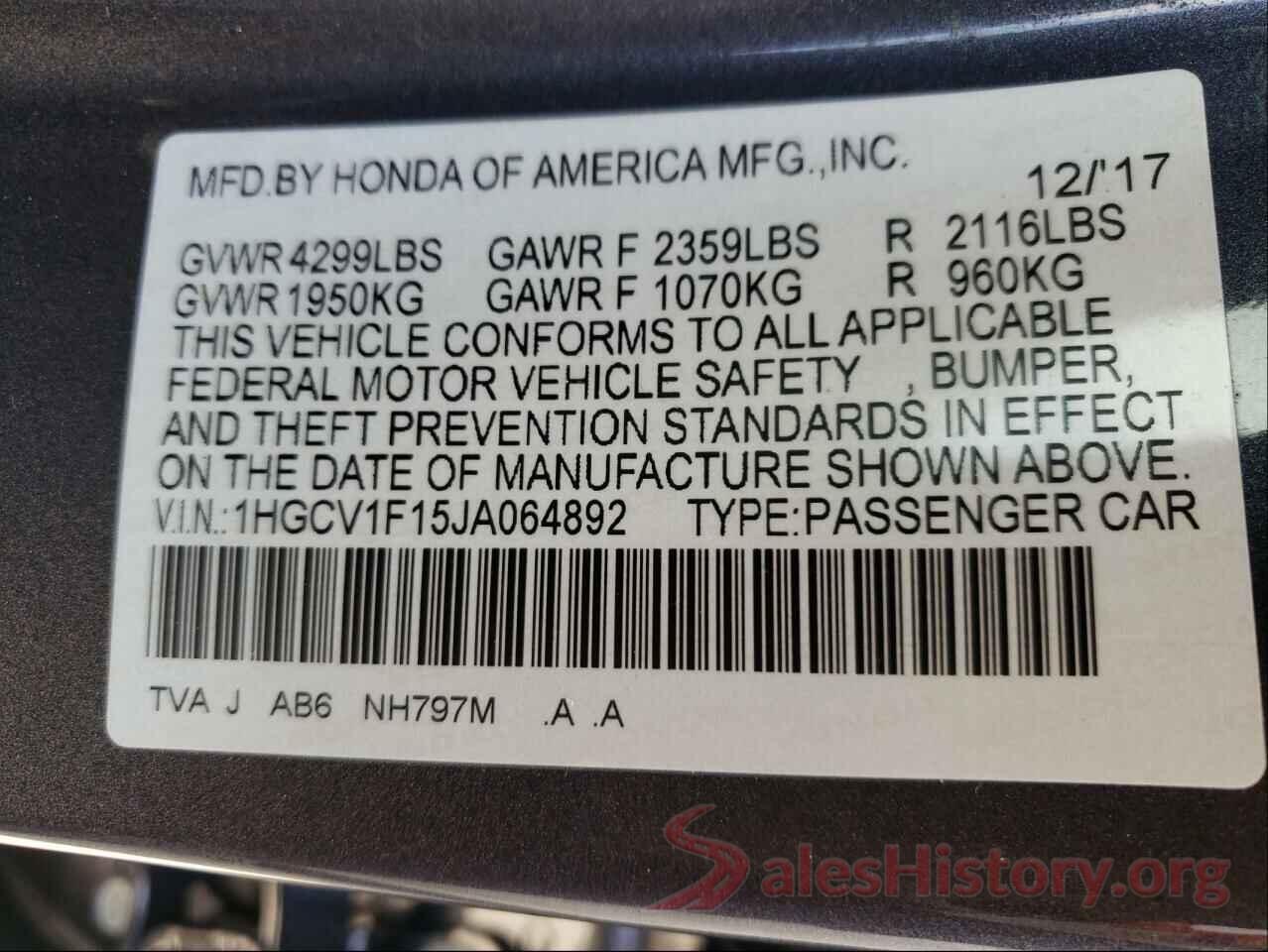 1HGCV1F15JA064892 2018 HONDA ACCORD