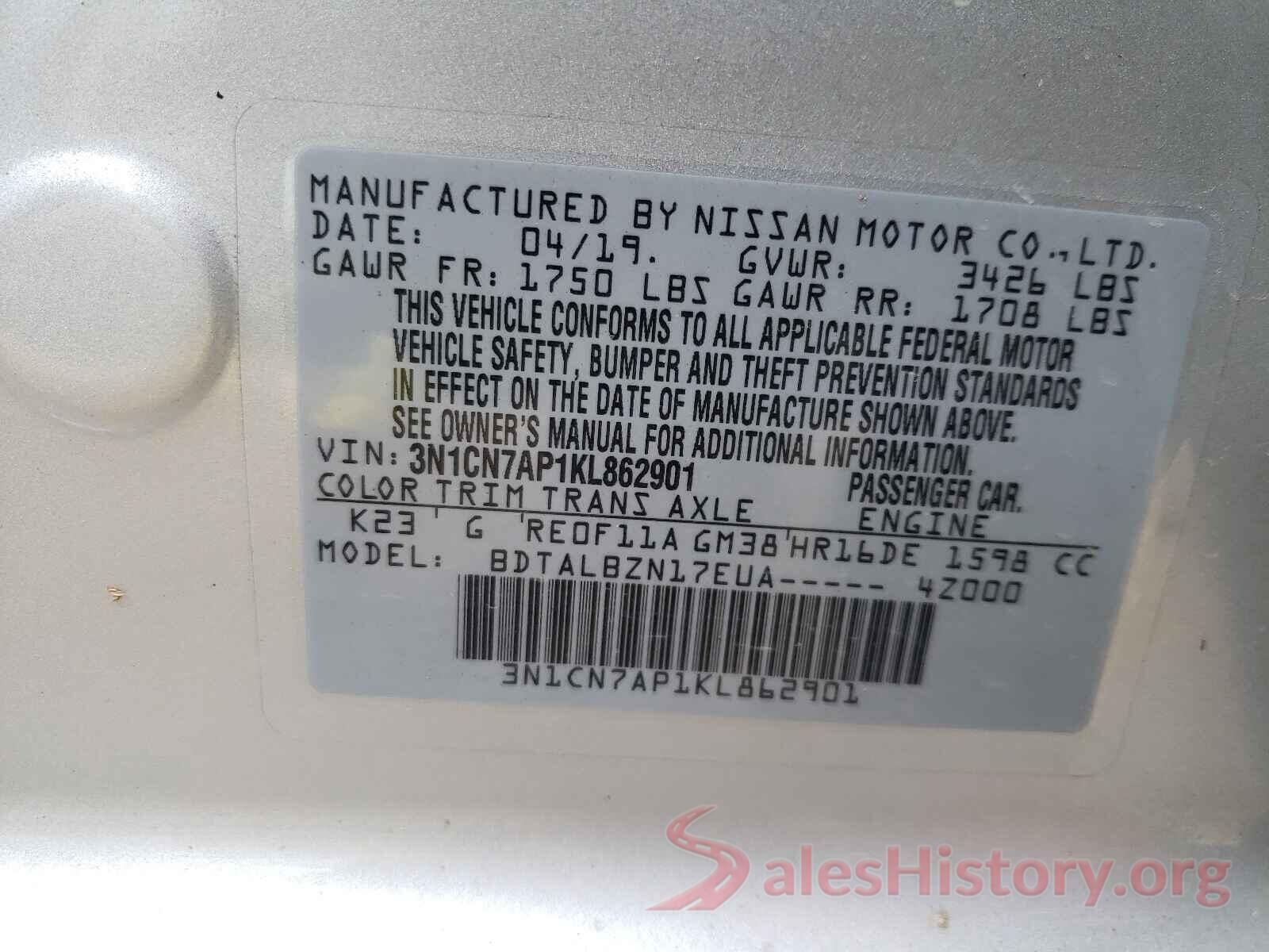 3N1CN7AP1KL862901 2019 NISSAN VERSA