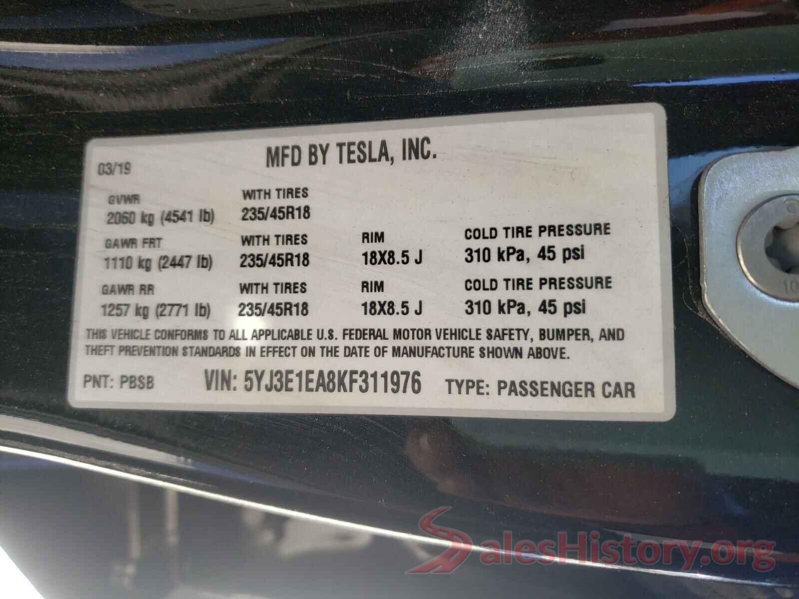 5YJ3E1EA8KF311976 2019 TESLA MODEL 3