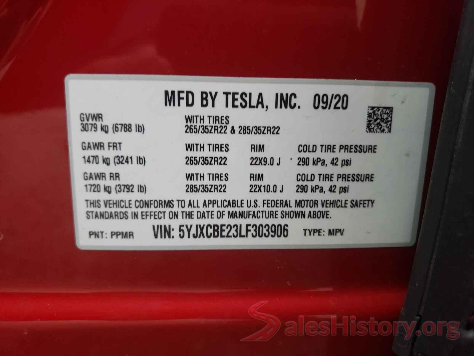 5YJXCBE23LF303906 2020 TESLA MODEL X