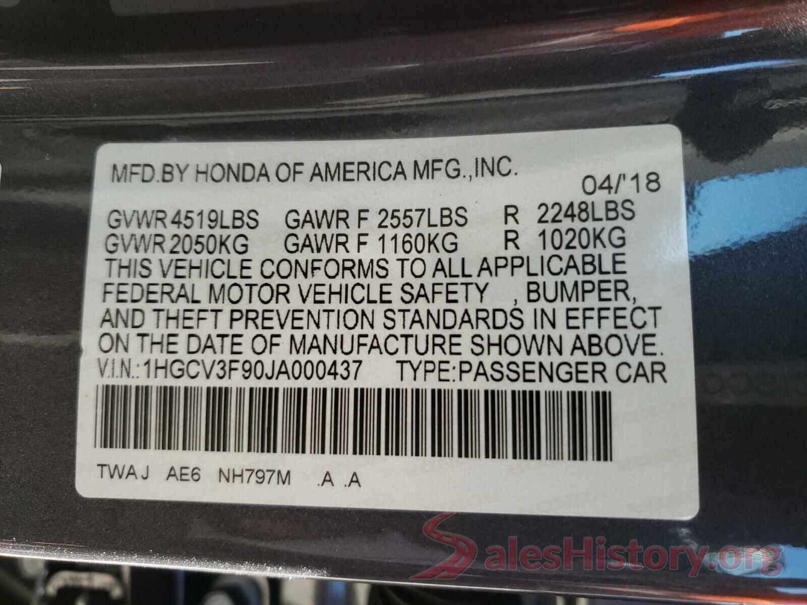 1HGCV3F90JA000437 2018 HONDA ACCORD