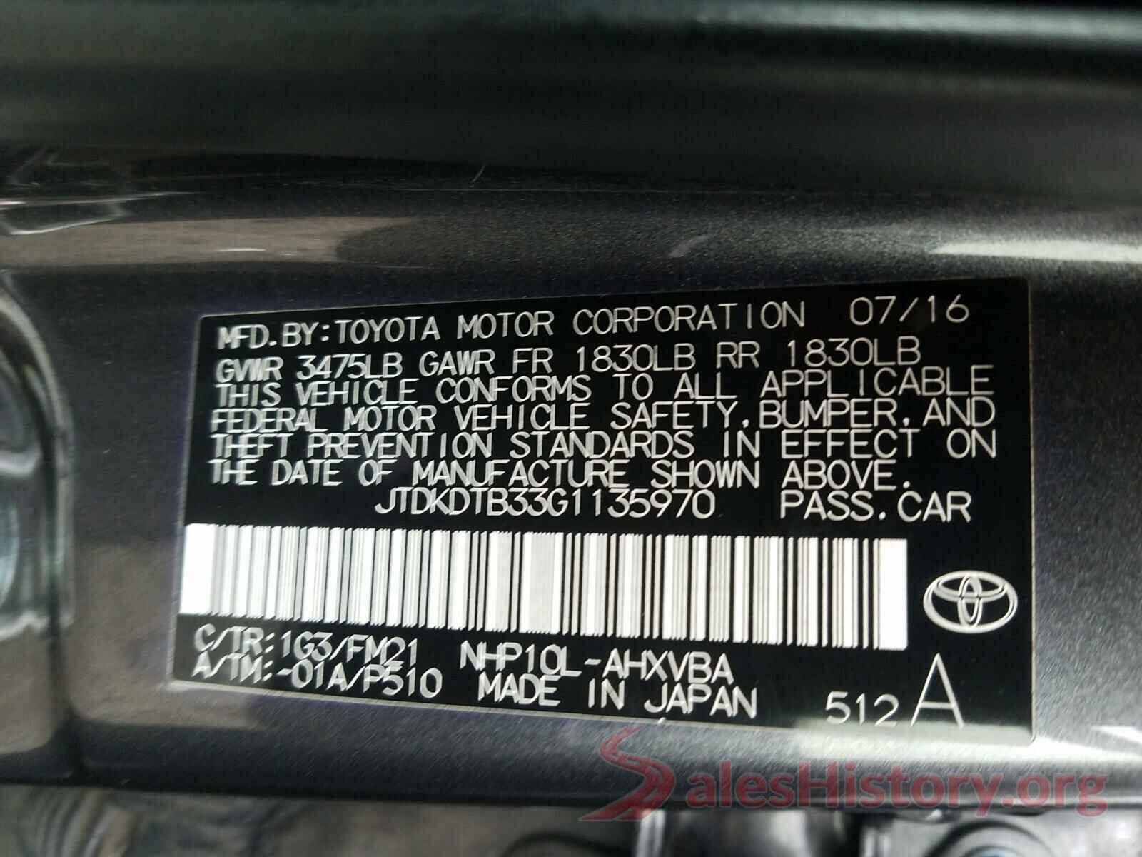 JTDKDTB33G1135970 2016 TOYOTA PRIUS