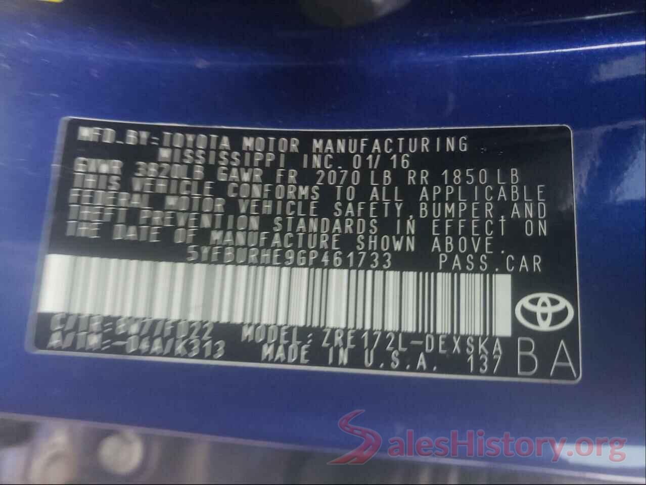 5YFBURHE9GP461733 2016 TOYOTA COROLLA