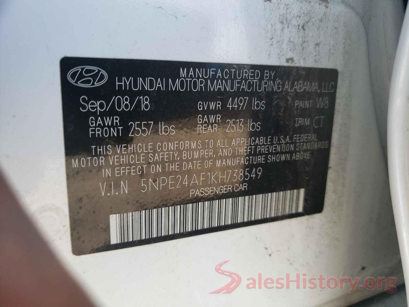 5NPE24AF1KH738549 2019 HYUNDAI SONATA