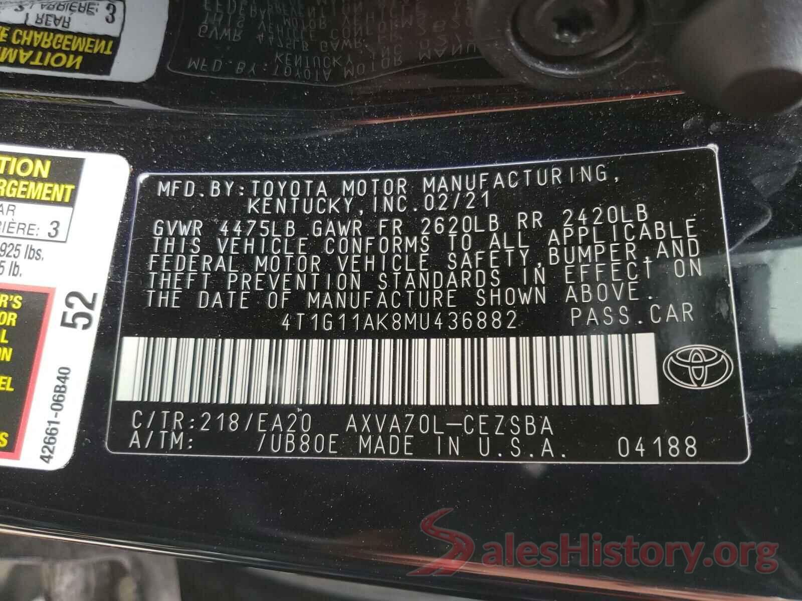 4T1G11AK8MU436882 2021 TOYOTA CAMRY