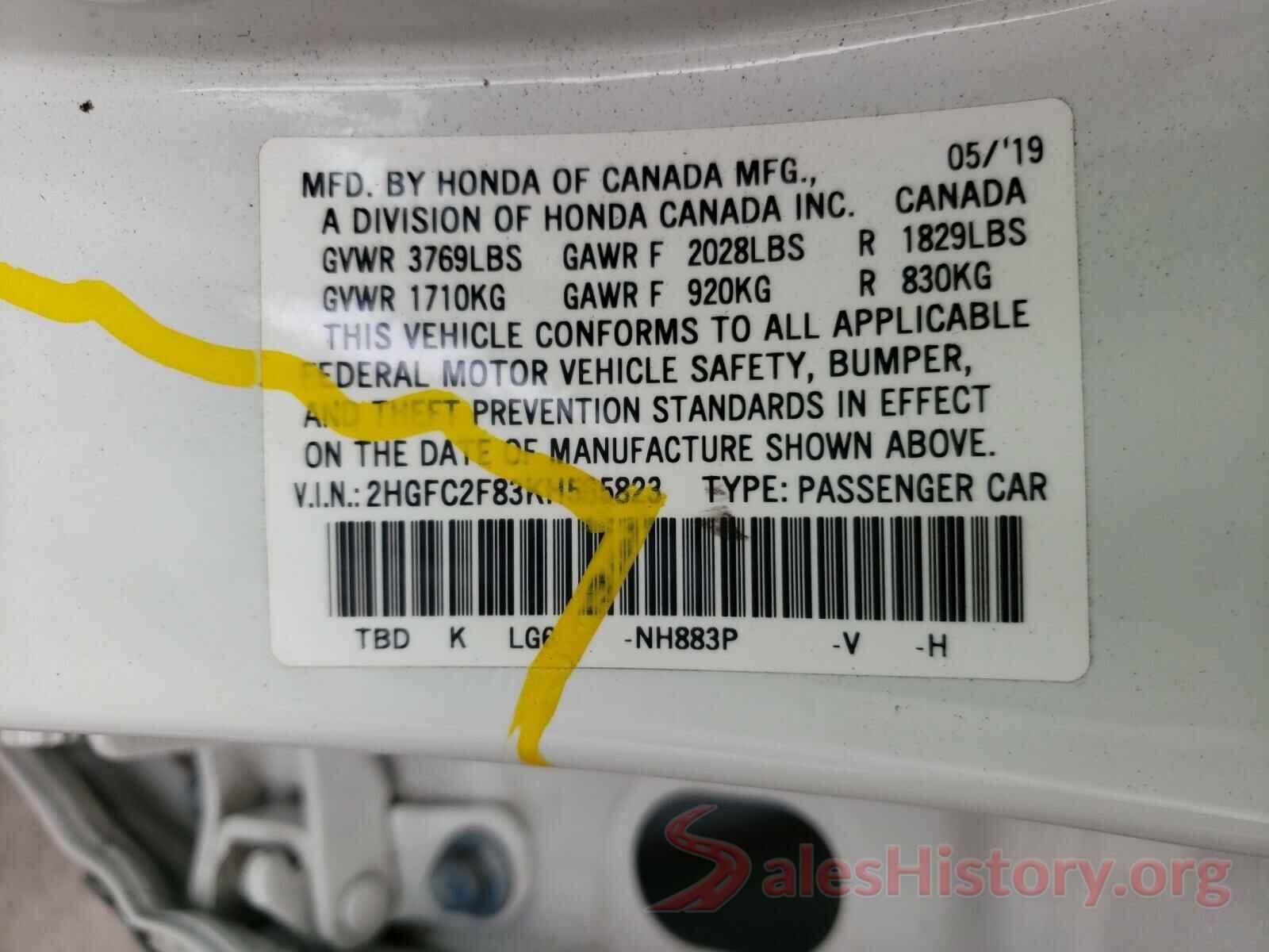 2HGFC2F83KH565823 2019 HONDA CIVIC