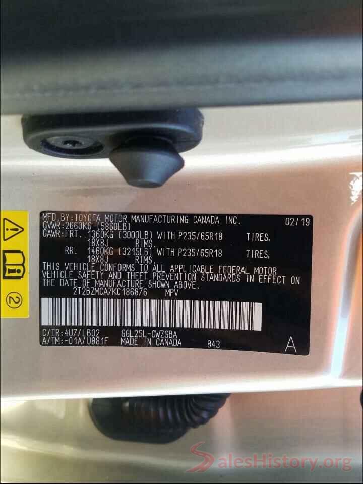 2T2BZMCA7KC186876 2019 LEXUS RX350