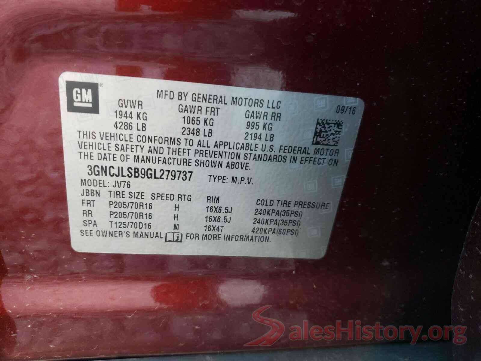 3GNCJLSB9GL279737 2016 CHEVROLET TRAX