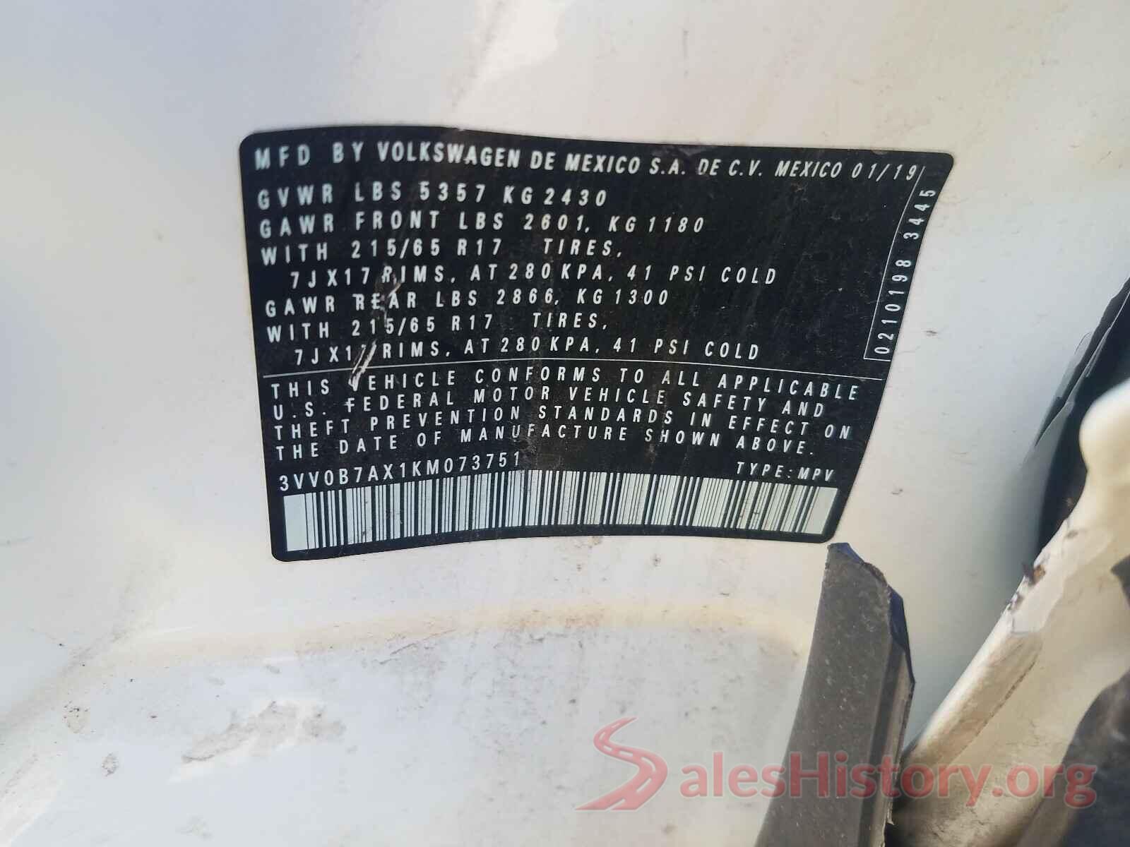 3VV0B7AX1KM073751 2019 VOLKSWAGEN TIGUAN