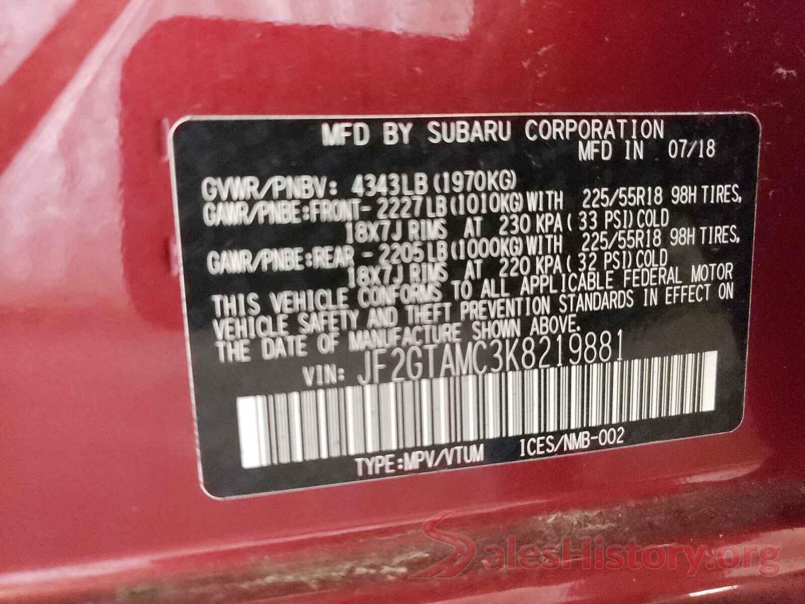 JF2GTAMC3K8219881 2019 SUBARU CROSSTREK