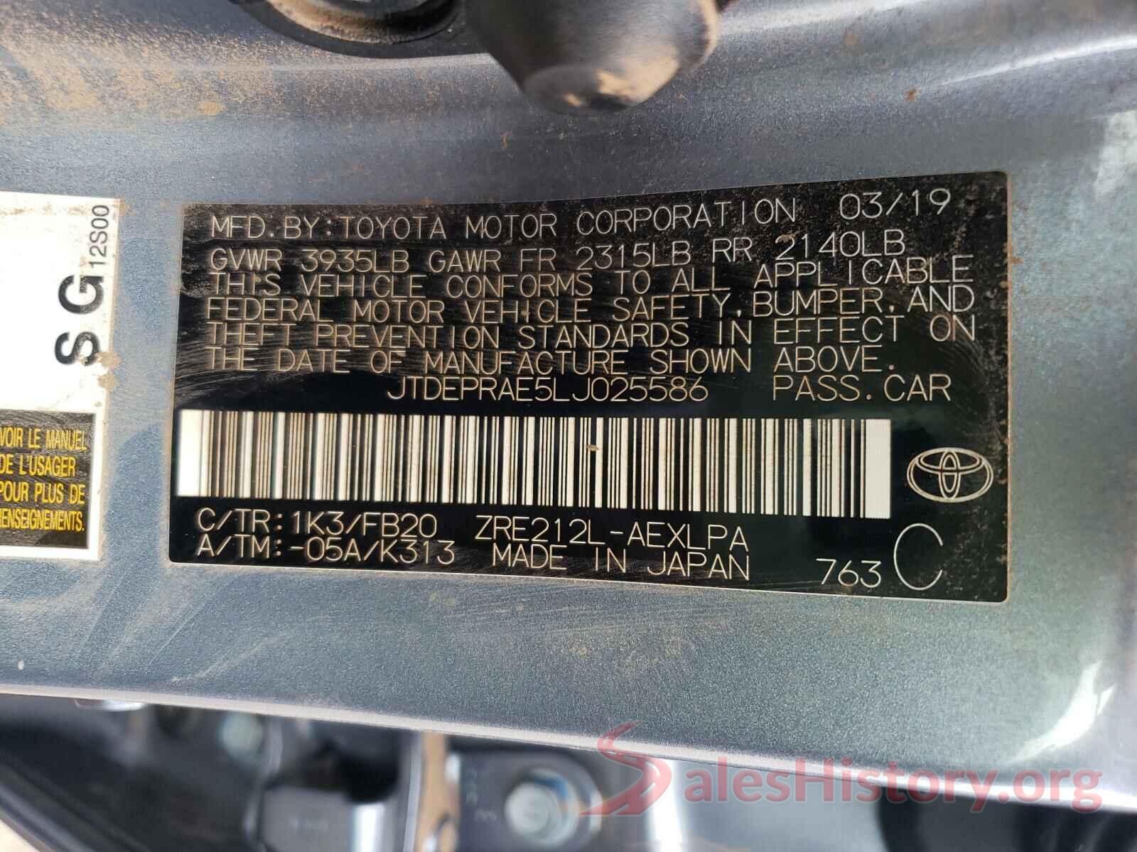 JTDEPRAE5LJ025586 2020 TOYOTA COROLLA