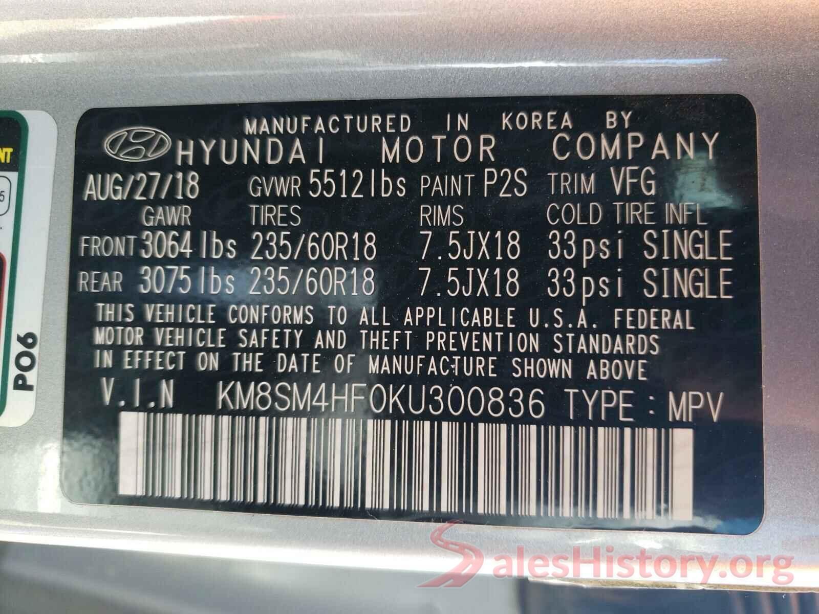 KM8SM4HF0KU300836 2019 HYUNDAI SANTA FE