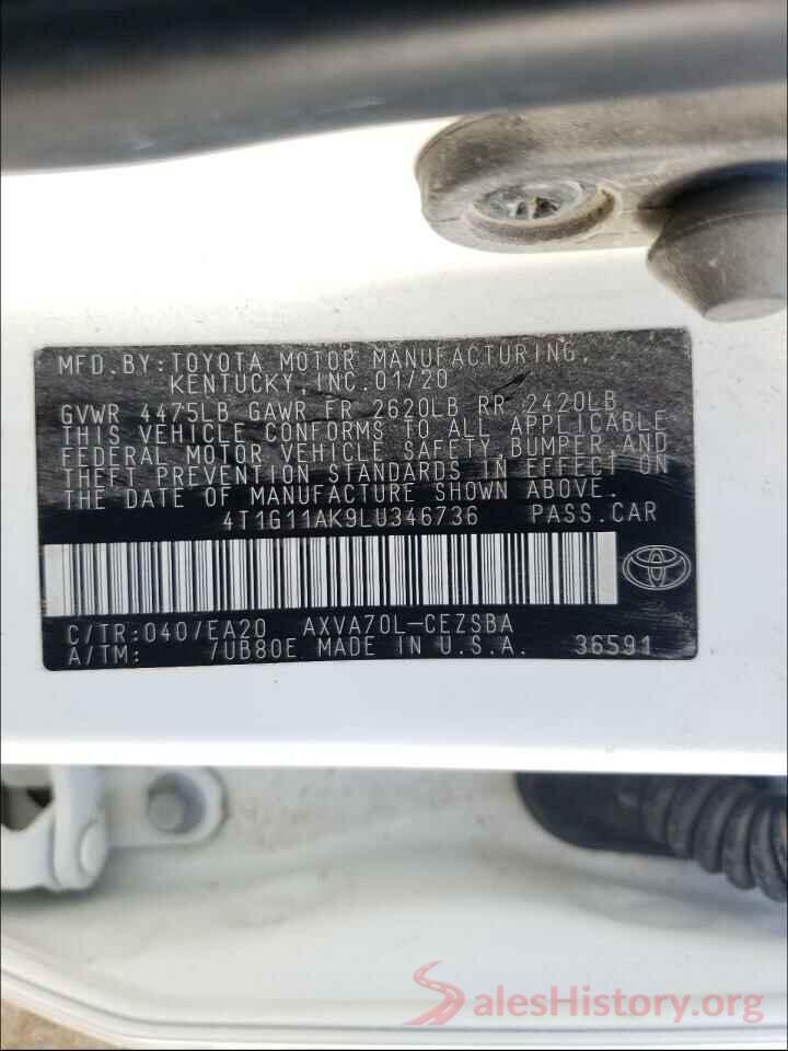 4T1G11AK9LU346736 2020 TOYOTA CAMRY