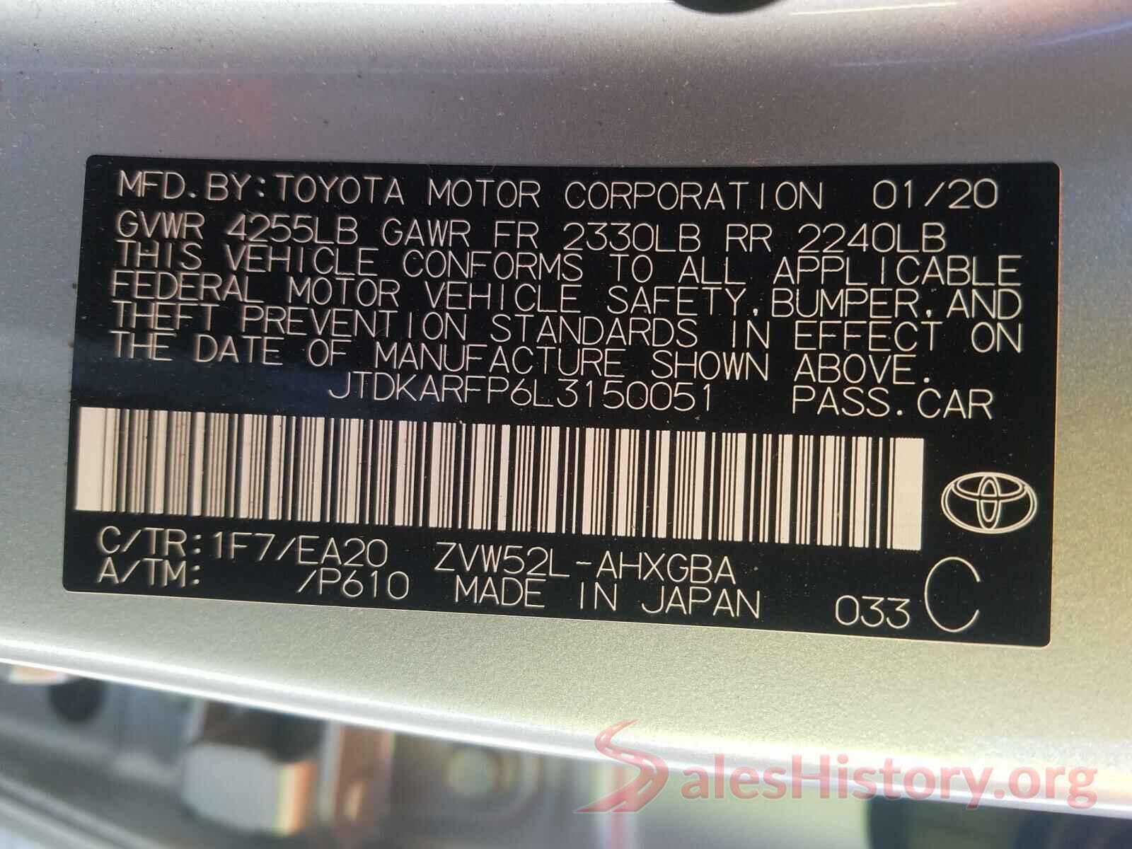 JTDKARFP6L3150051 2020 TOYOTA PRIUS