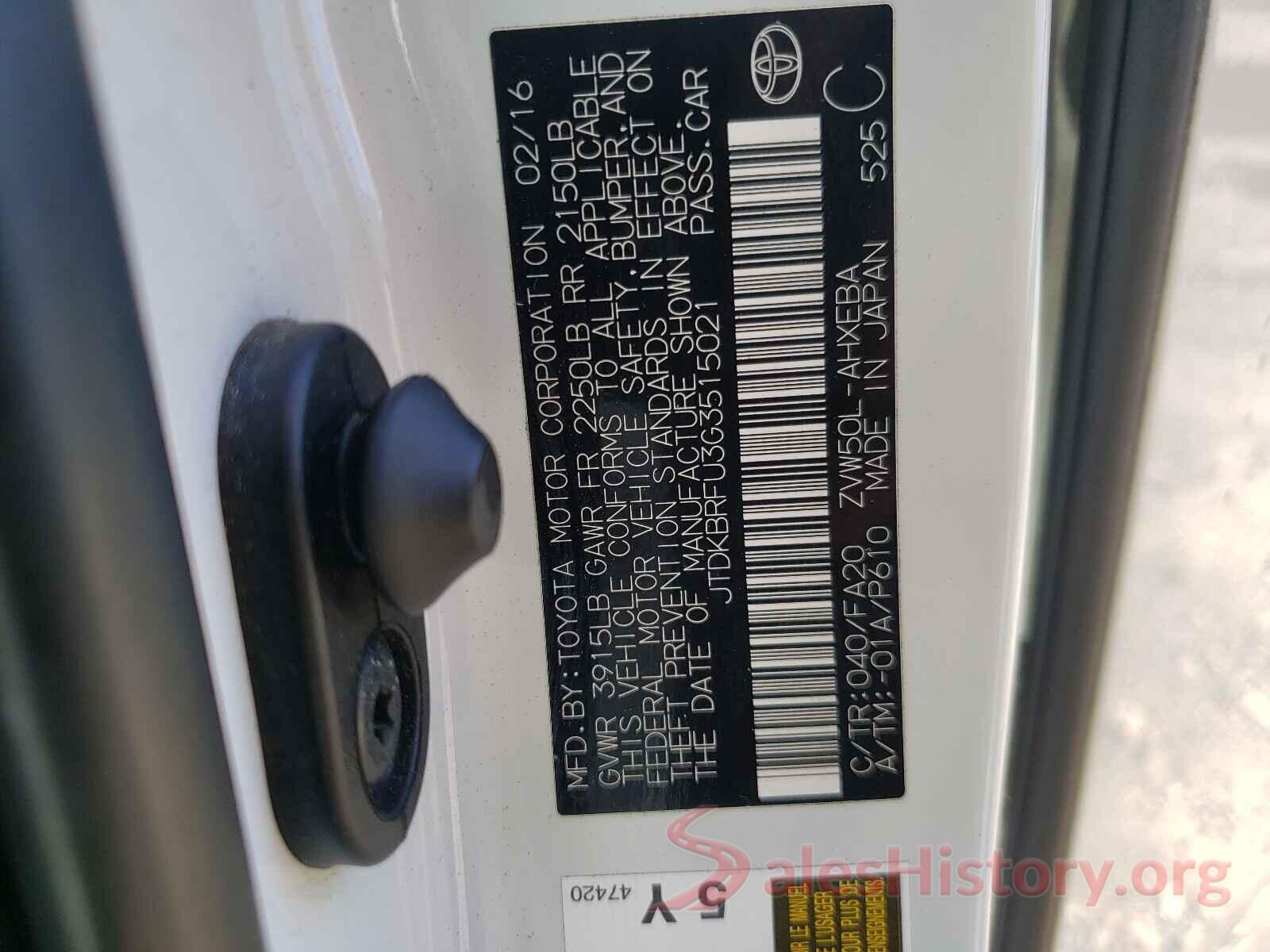 JTDKBRFU3G3515021 2016 TOYOTA PRIUS