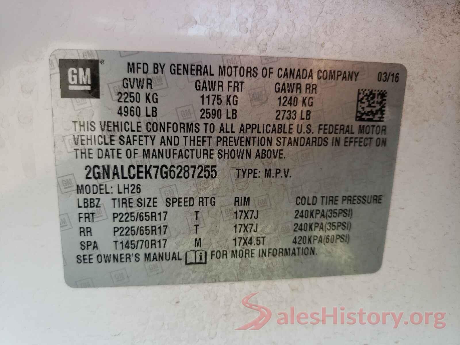 2GNALCEK7G6287255 2016 CHEVROLET EQUINOX