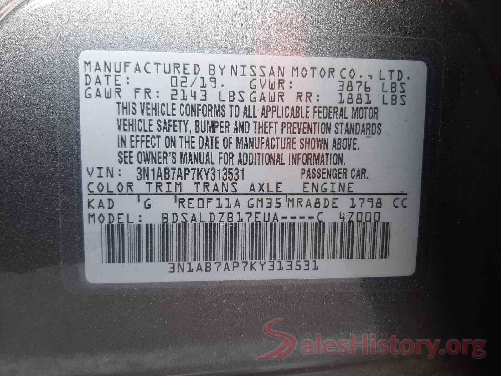 3N1AB7AP7KY313531 2019 NISSAN SENTRA