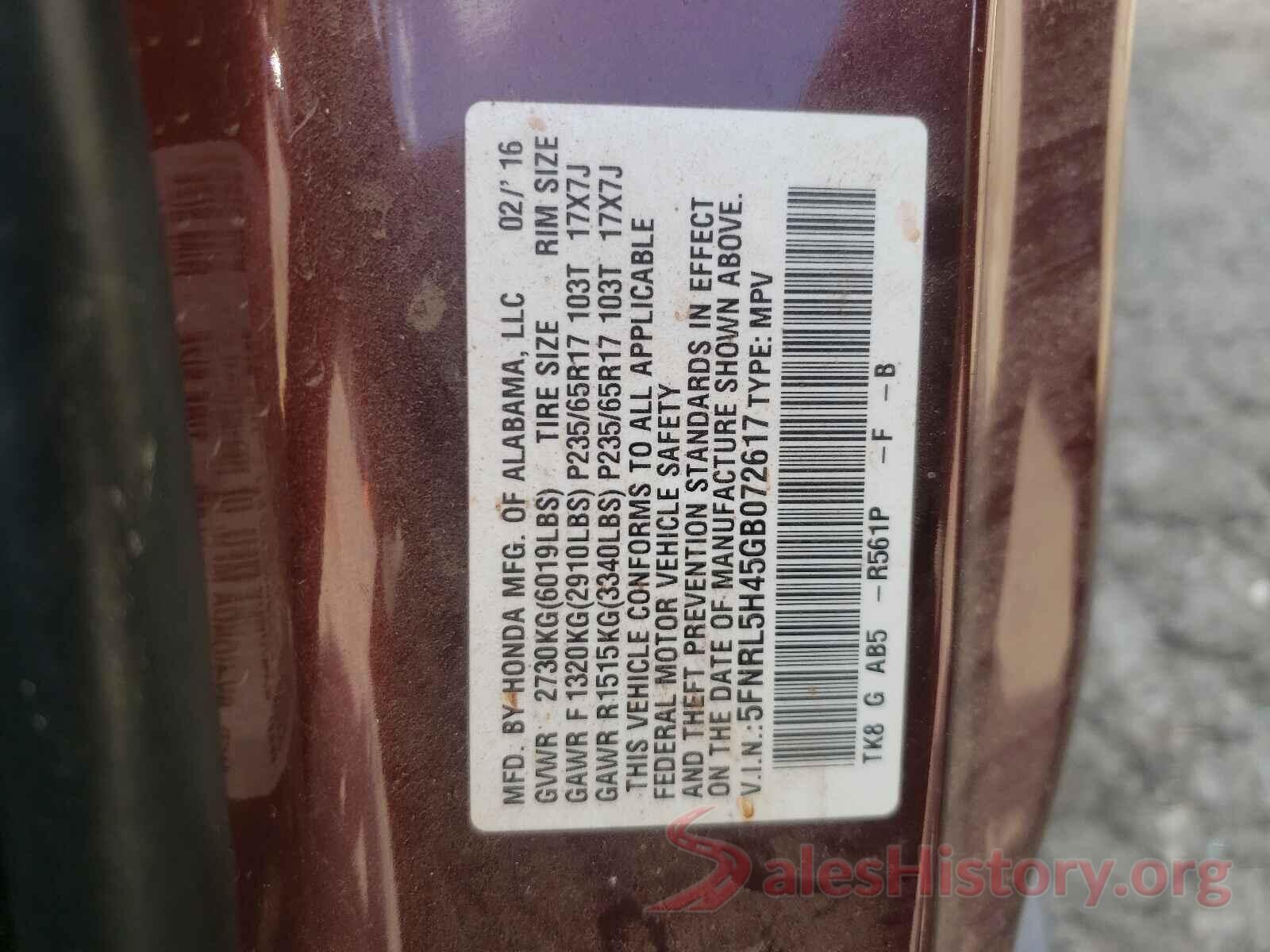 5FNRL5H45GB072617 2016 HONDA ODYSSEY