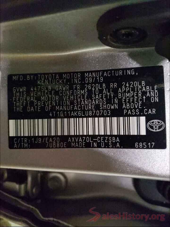 4T1G11AK6LU870703 2020 TOYOTA CAMRY