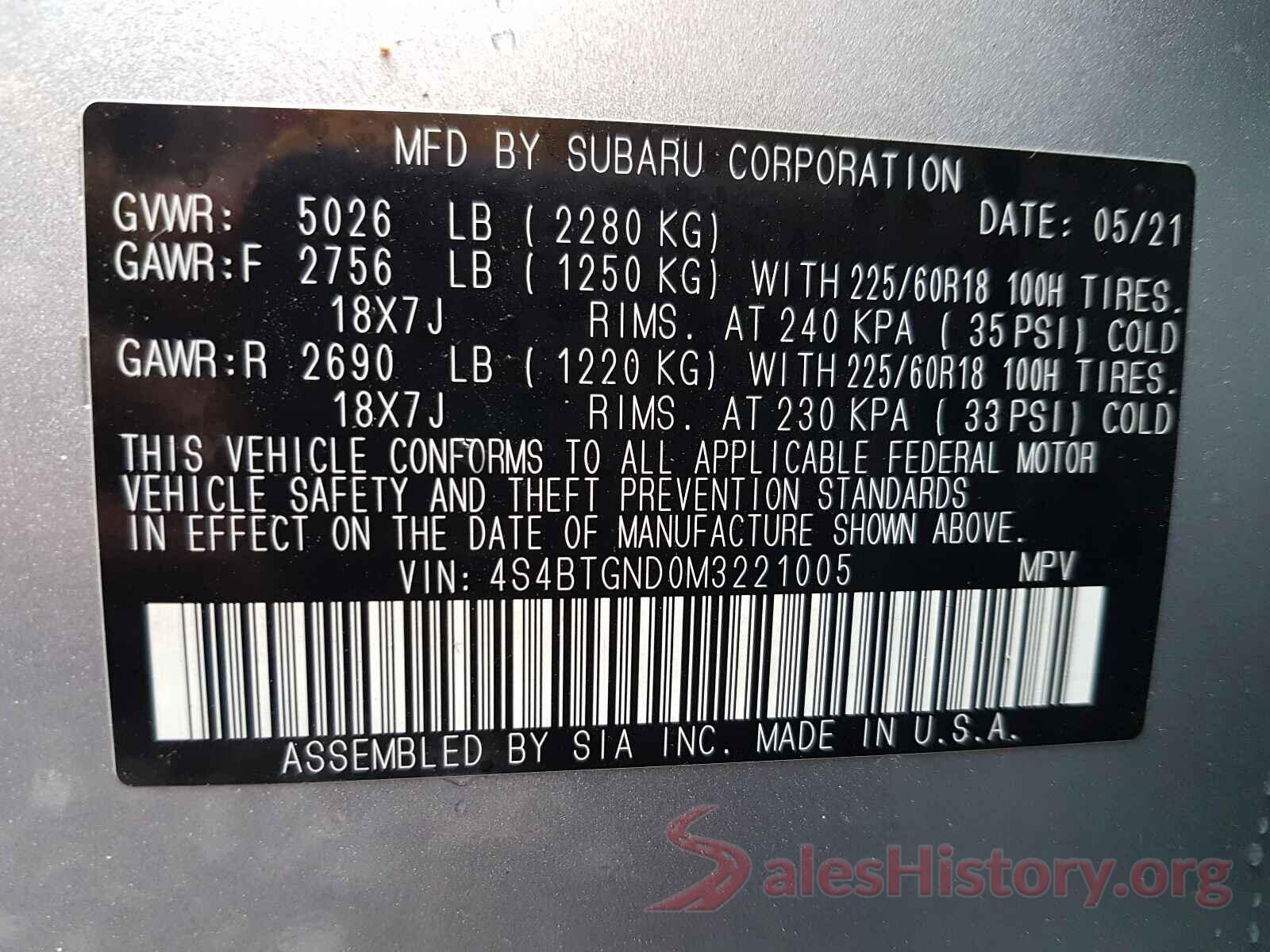 4S4BTGND0M3221005 2021 SUBARU OUTBACK