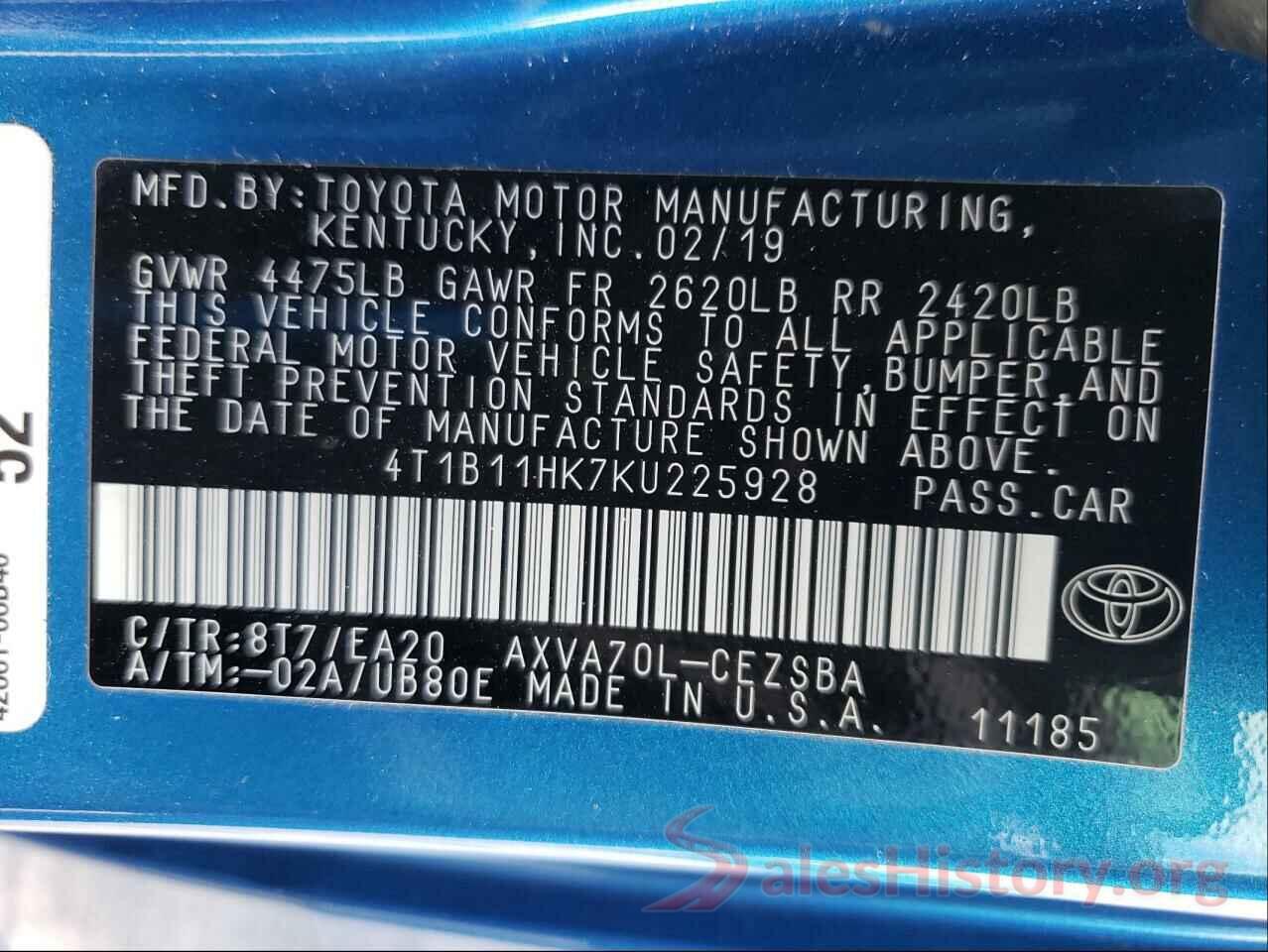 4T1B11HK7KU225928 2019 TOYOTA CAMRY