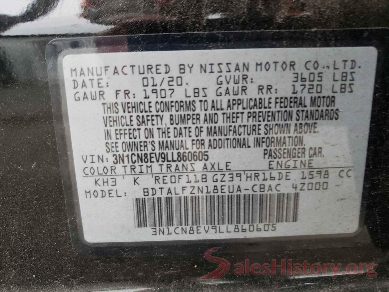 3N1CN8EV9LL860605 2020 NISSAN VERSA