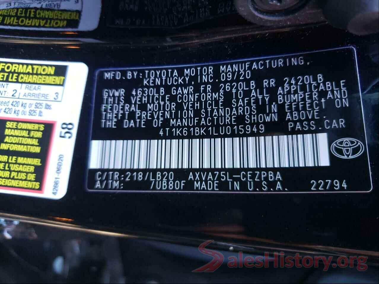 4T1K61BK1LU015949 2020 TOYOTA CAMRY