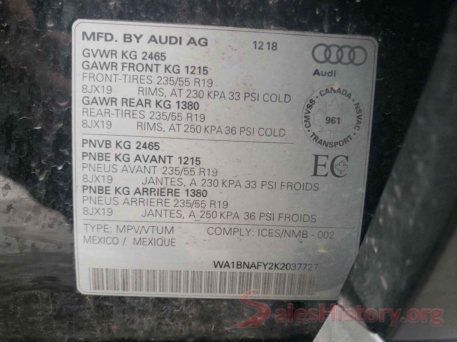 WA1BNAFY2K2037727 2019 AUDI Q5