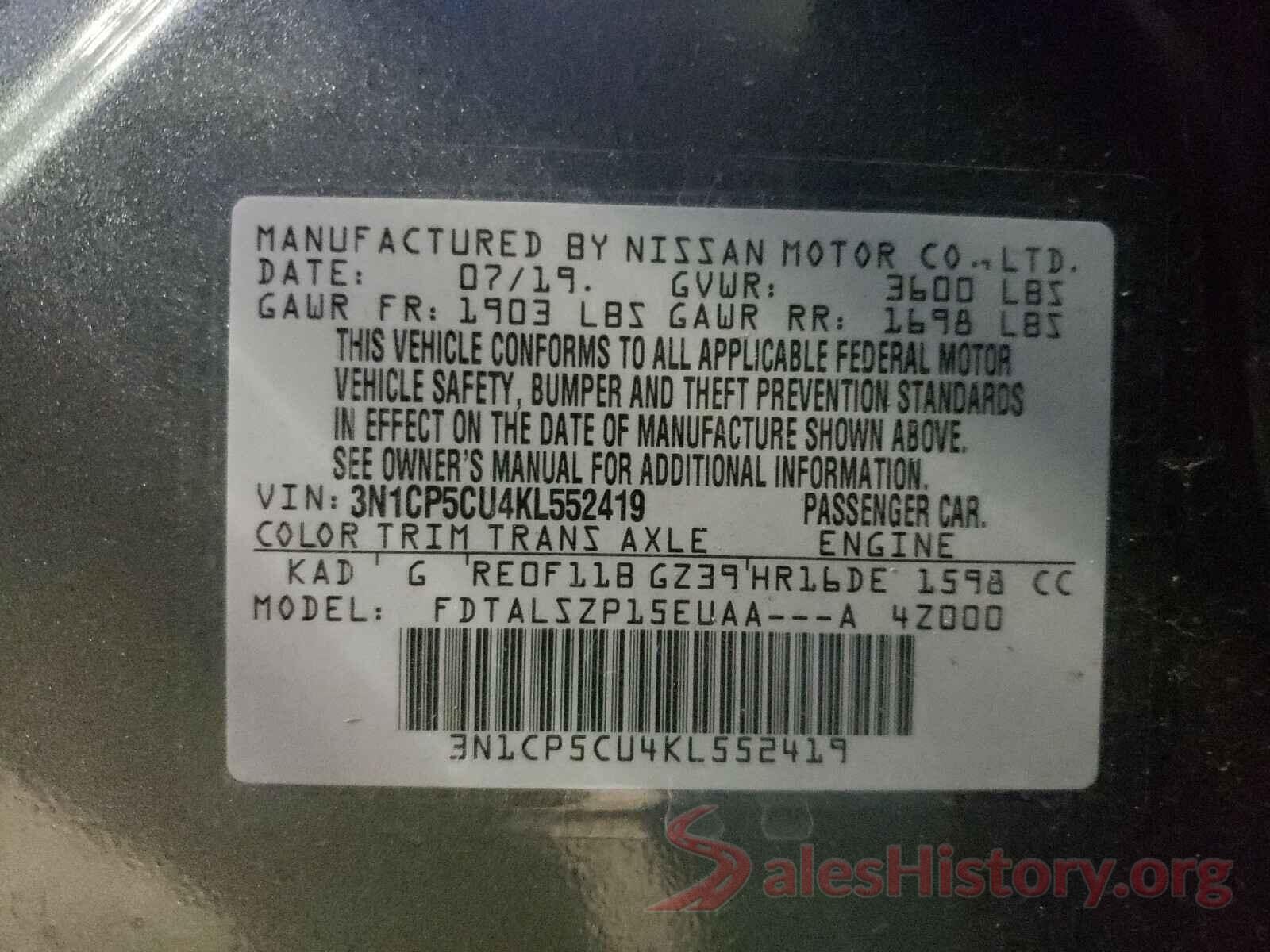 3N1CP5CU4KL552419 2019 NISSAN KICKS