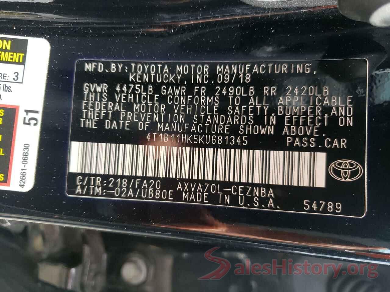 4T1B11HK5KU681345 2019 TOYOTA CAMRY