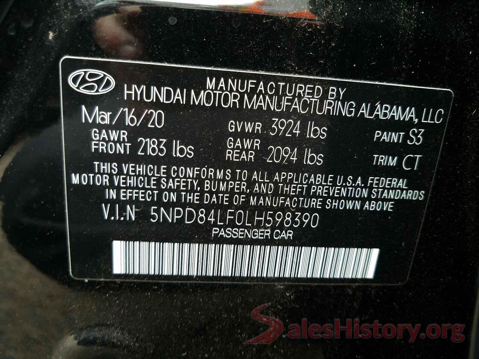 5NPD84LF0LH598390 2020 HYUNDAI ELANTRA