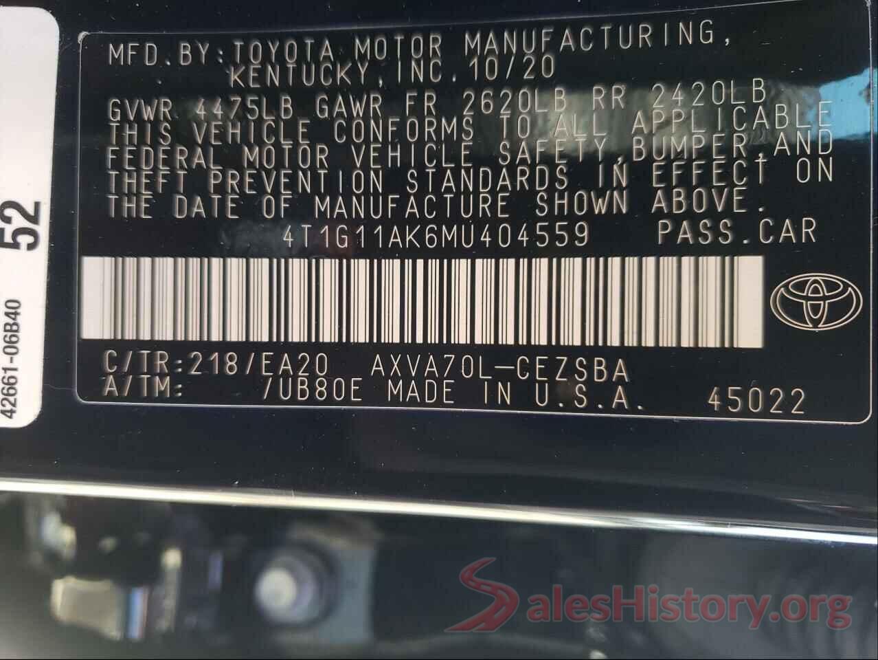 4T1G11AK6MU404559 2021 TOYOTA CAMRY