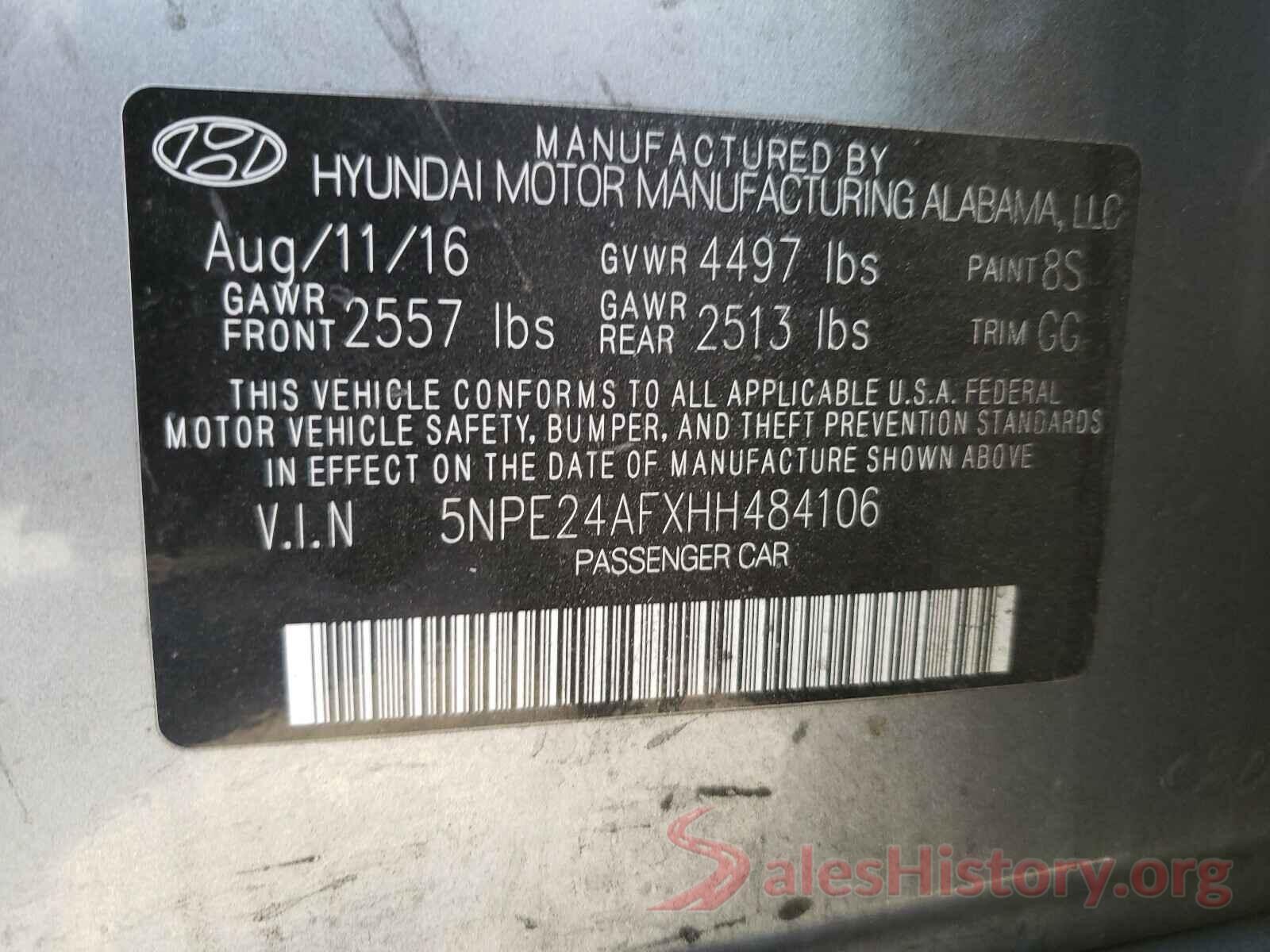 5NPE24AFXHH484106 2017 HYUNDAI SONATA