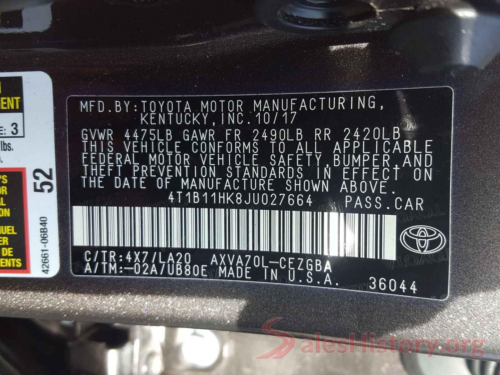 4T1B11HK8JU027664 2018 TOYOTA CAMRY