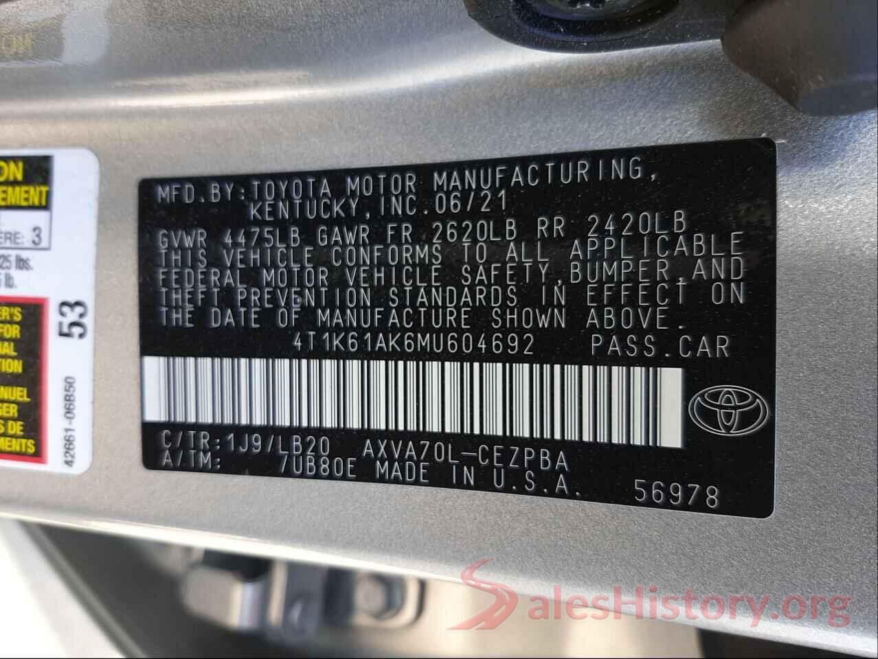 4T1K61AK6MU604692 2021 TOYOTA CAMRY