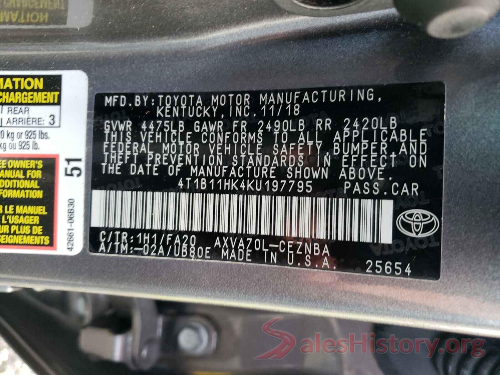 4T1B11HK4KU197795 2019 TOYOTA CAMRY