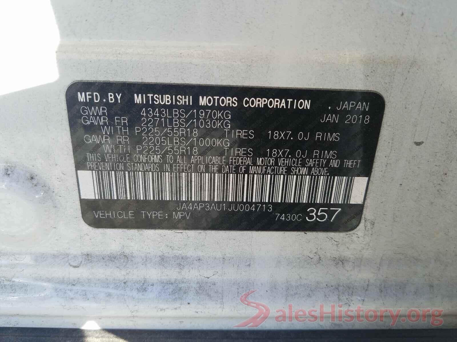 JA4AP3AU1JU004713 2018 MITSUBISHI OUTLANDER