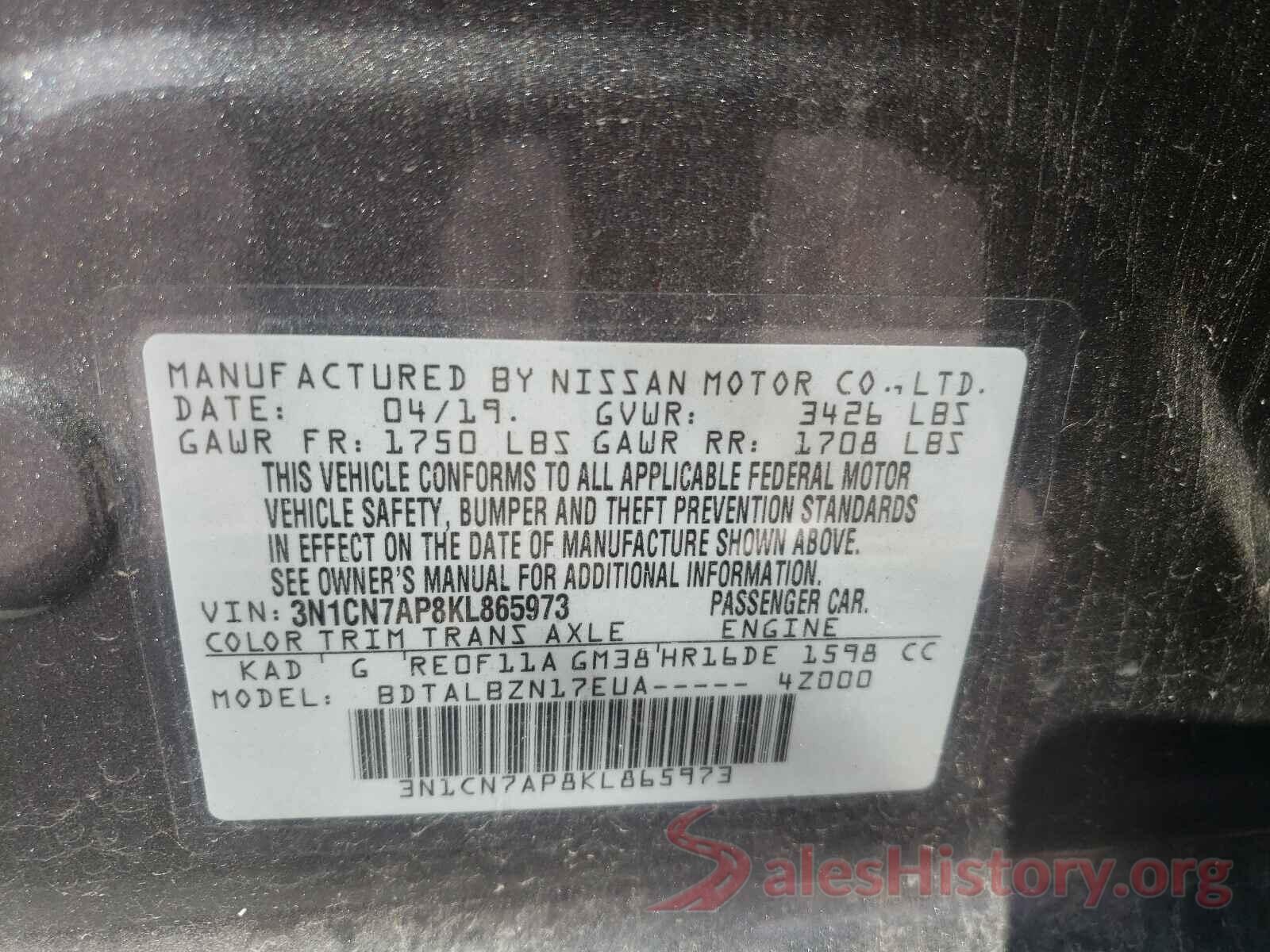 3N1CN7AP8KL865973 2019 NISSAN VERSA