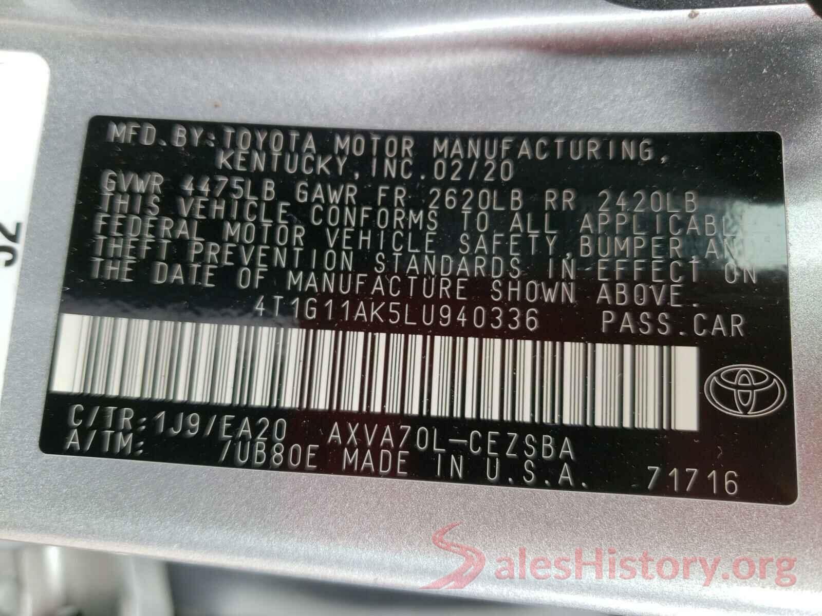 4T1G11AK5LU940336 2020 TOYOTA CAMRY