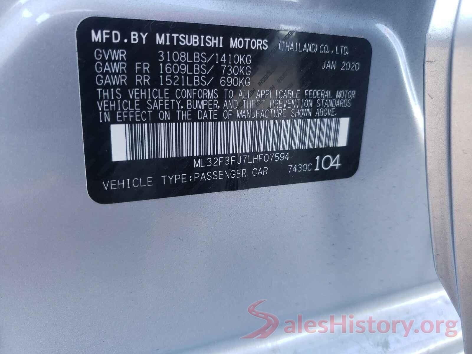 ML32F3FJ7LHF07594 2020 MITSUBISHI MIRAGE